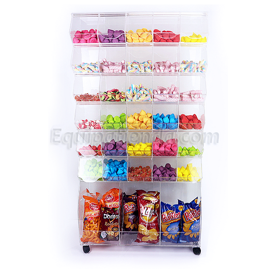 Mueble expositor de caramelos con 30 carameleras de metacrilato transparente y compartimentos inferiores para snacks, ideal para tiendas de golosinas.