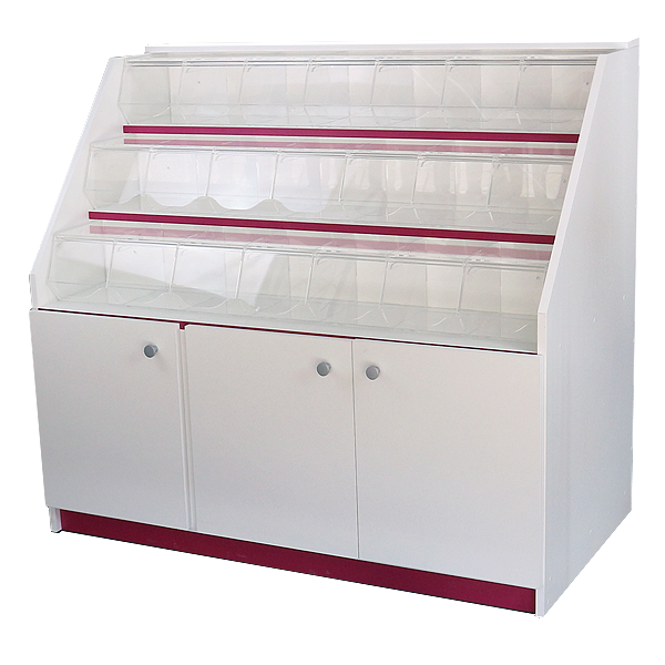 Mueble expositor con carameleras de metacrilato y compartimentos inferiores con puertas, ideal para la exhibición de productos a granel.  Diseño funcional, seguro y adaptable a distintos espacios comerciales