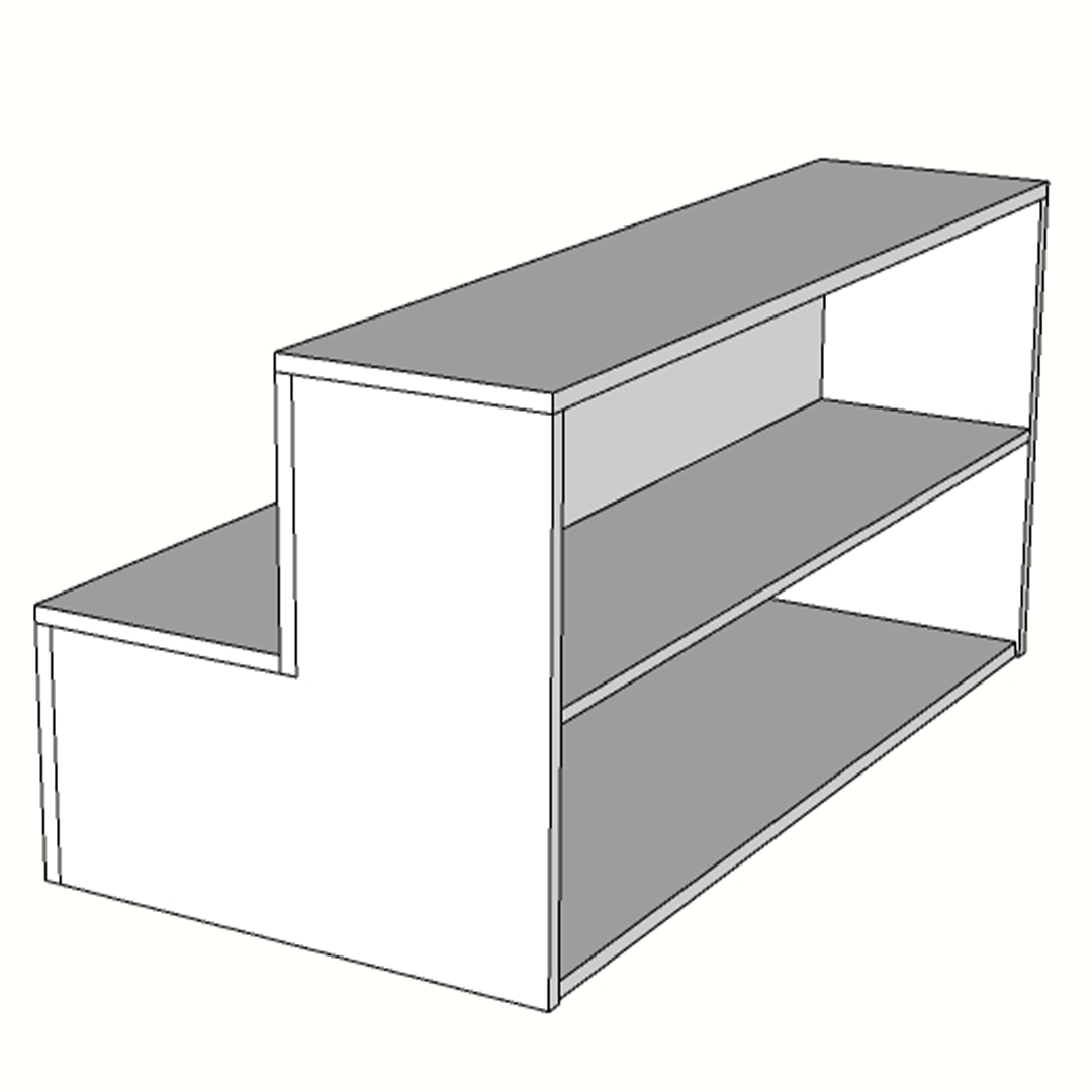 Escaparate escalonado de melamina con estante trasero, fabricado a medida. Ideal para tiendas y comercios que buscan exponer productos en varios niveles y aprovechar espacio de almacenamiento adicional. Diseño funcional y versátil.