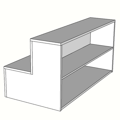 Mueble escaparate escalonado de 120x60x60cm, fabricado a medida en melamina, con puertas traseras de almacenaje. Diseño en niveles para exposición ordenada de productos.