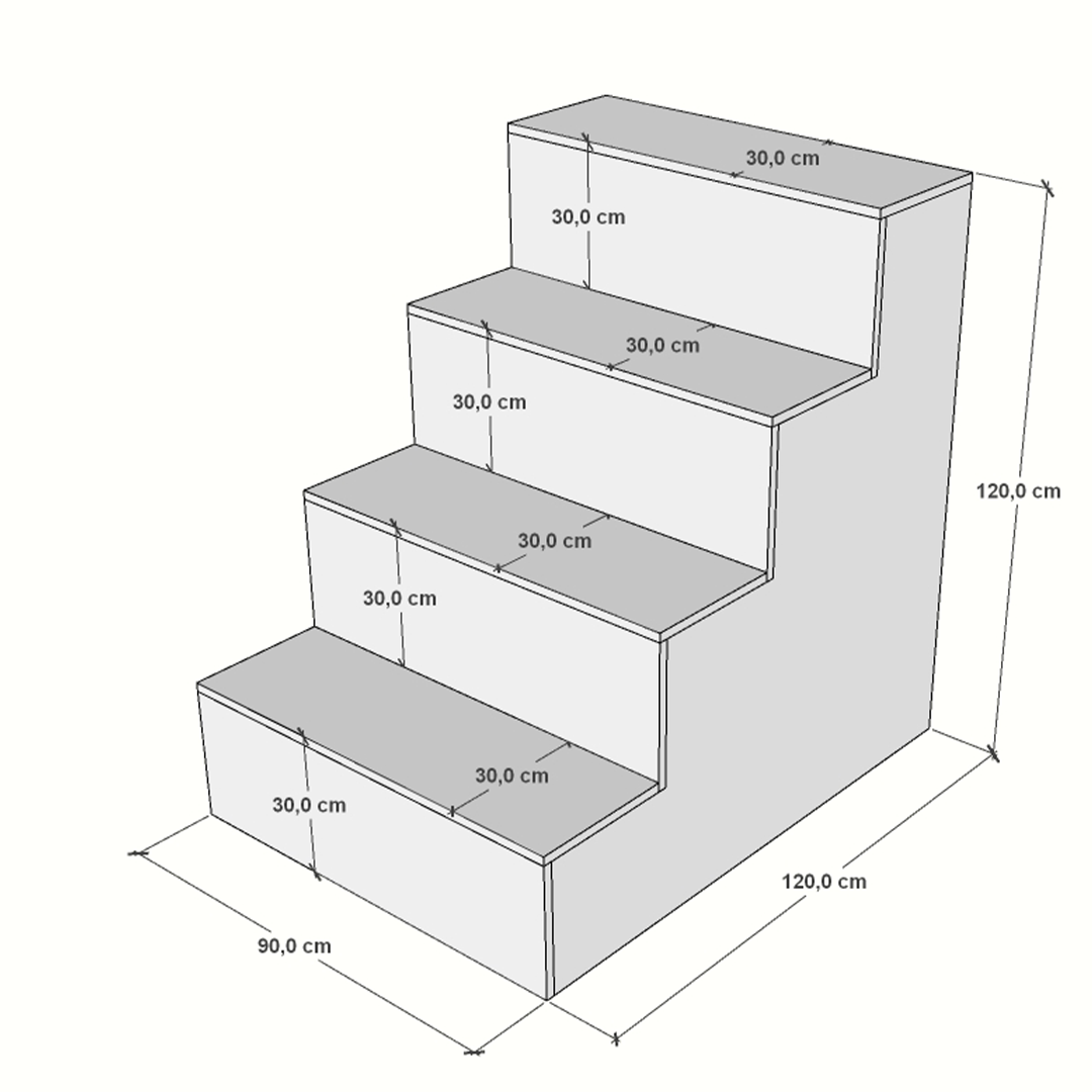 Mueble para escaparate con 4 escalones, fabricado en melamina blanca, ideal para exhibición en tiendas y comercios.