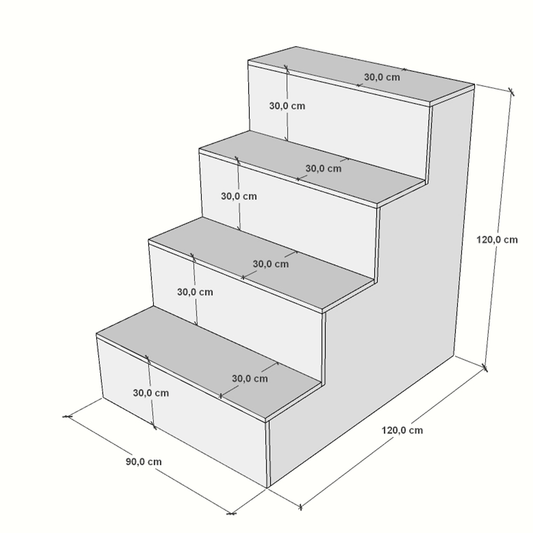 Mueble para escaparate con 4 escalones, fabricado en melamina blanca, ideal para exhibición en tiendas y comercios.