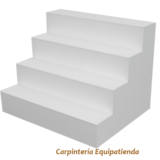 Mueble escalonado de 4 niveles en melamina blanca, ideal para tiendas y comercios. Diseño en niveles que permite una exposición ordenada y llamativa de productos, destacando artículos promocionales o de temporada.