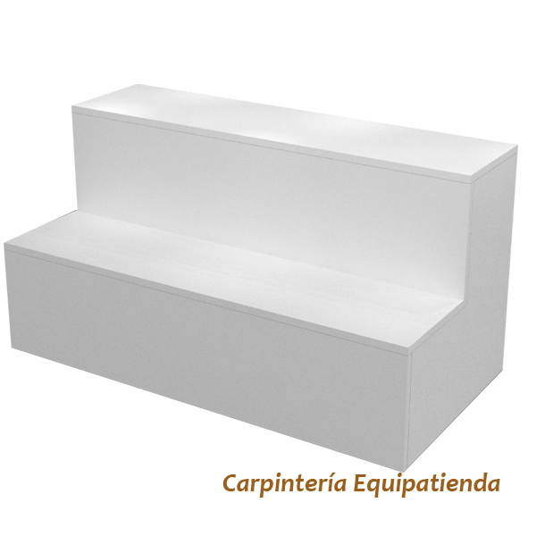 Escaparate escalonado fabricado a medida en melamina, ideal para tiendas y comercios. Diseño en niveles que permite una exposición ordenada y llamativa de productos, destacando artículos promocionales o de temporada.