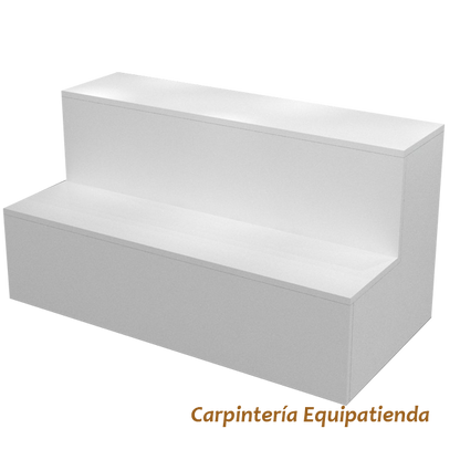 Mueble escaparate escalonado de 120x60x60cm, fabricado a medida en melamina, con puertas traseras de almacenaje. Diseño en niveles para exposición ordenada de productos.