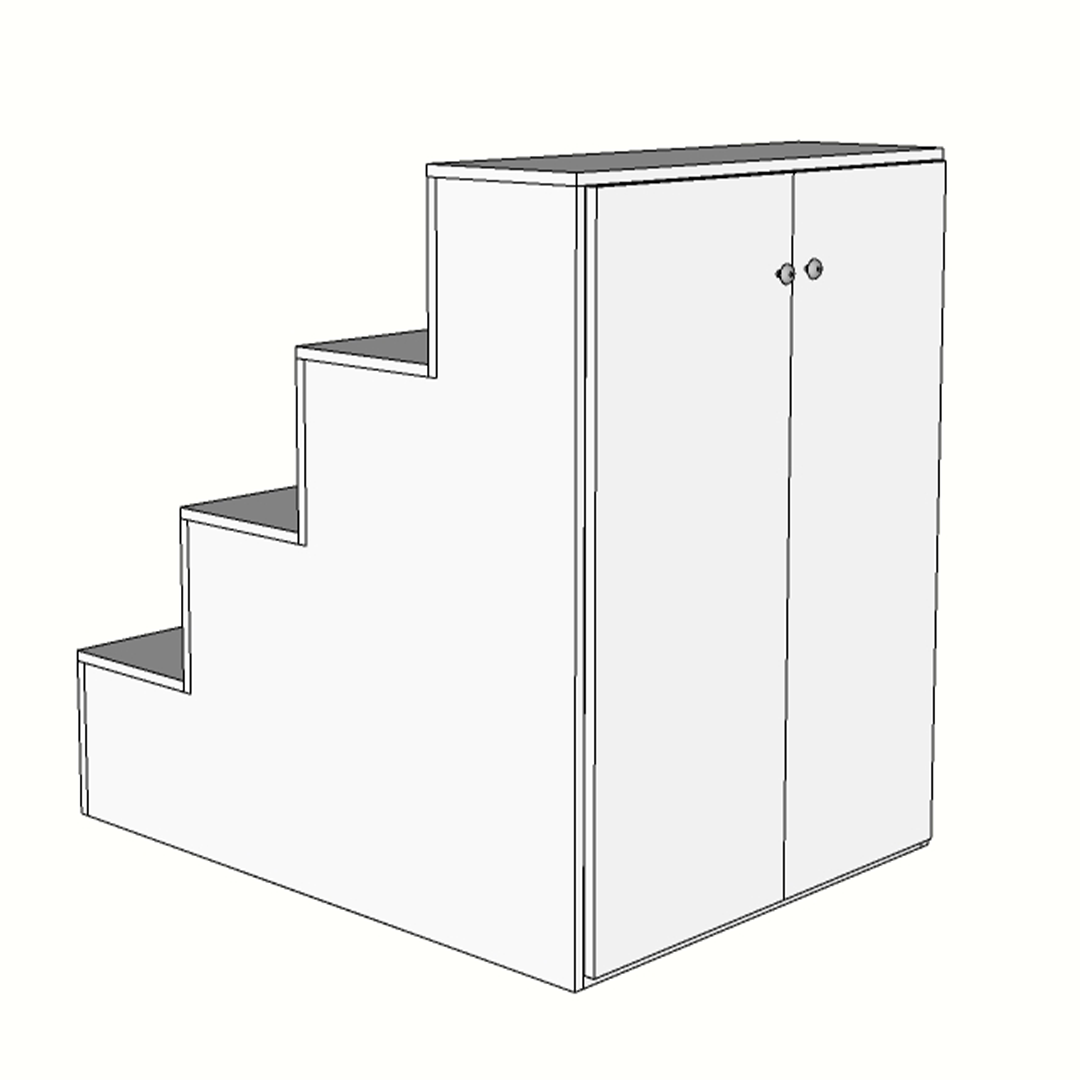 Escaparate escalonado de melamina con puertas traseras de almacenaje, fabricado a medida. Mobiliario comercial funcional y compacto, ideal para exponer productos en distintos niveles y guardar stock o materiales en su interior.