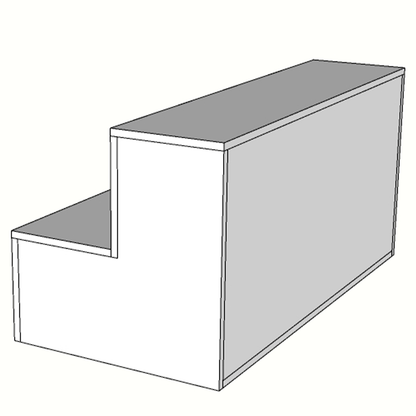 Mueble escaparate escalonado de 120x60x60cm, fabricado a medida en melamina, con puertas traseras de almacenaje. Diseño en niveles para exposición ordenada de productos.
