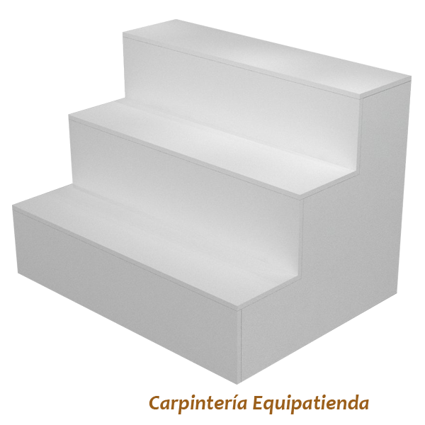 Escaparate escalonado fabricado a medida en melamina, ideal para tiendas y comercios. Diseño en niveles que permite una exposición ordenada y llamativa de productos, destacando artículos promocionales o de temporada.