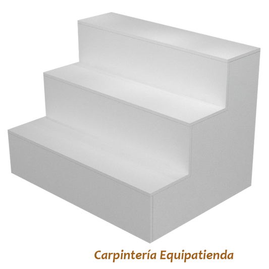 Escaparate escalonado fabricado a medida en melamina, ideal para tiendas y comercios. Diseño en niveles que permite una exposición ordenada y llamativa de productos, destacando artículos promocionales o de temporada.