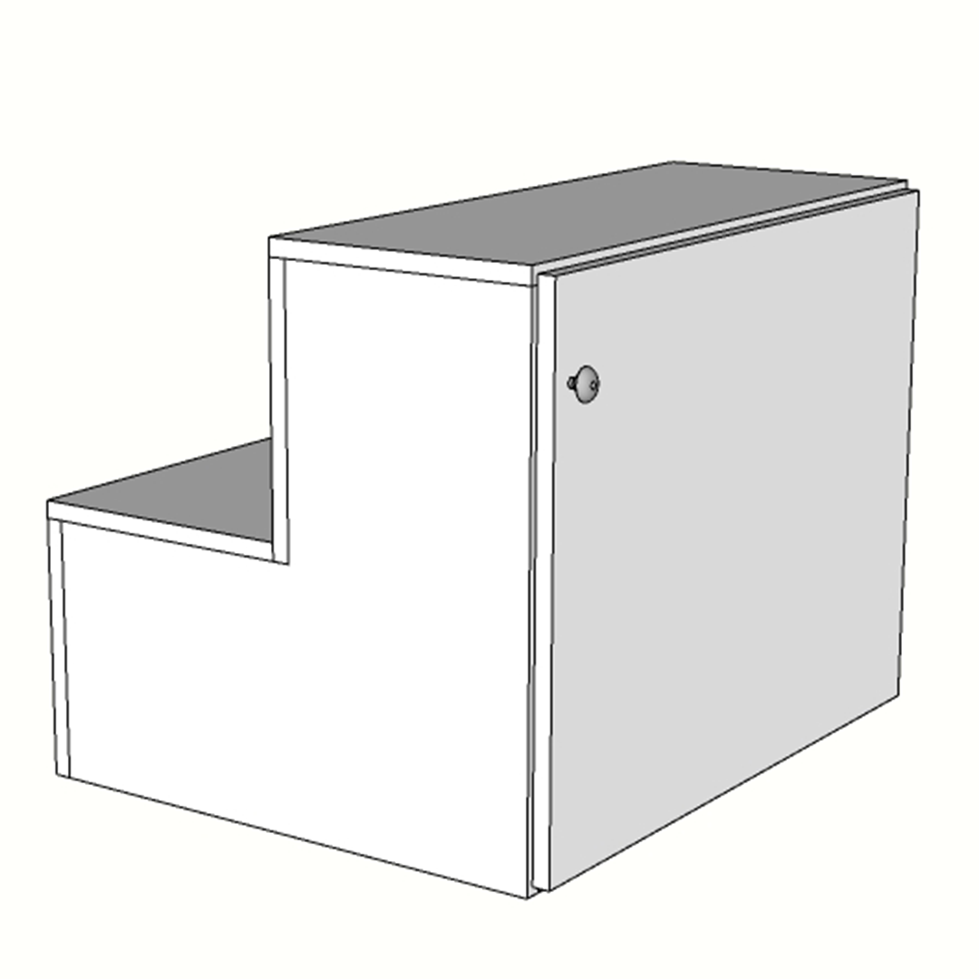 Escaparate escalonado de melamina con puerta trasera de almacenaje, fabricado a medida. Mobiliario comercial funcional y compacto, ideal para exponer productos en distintos niveles y guardar stock o materiales en su interior.