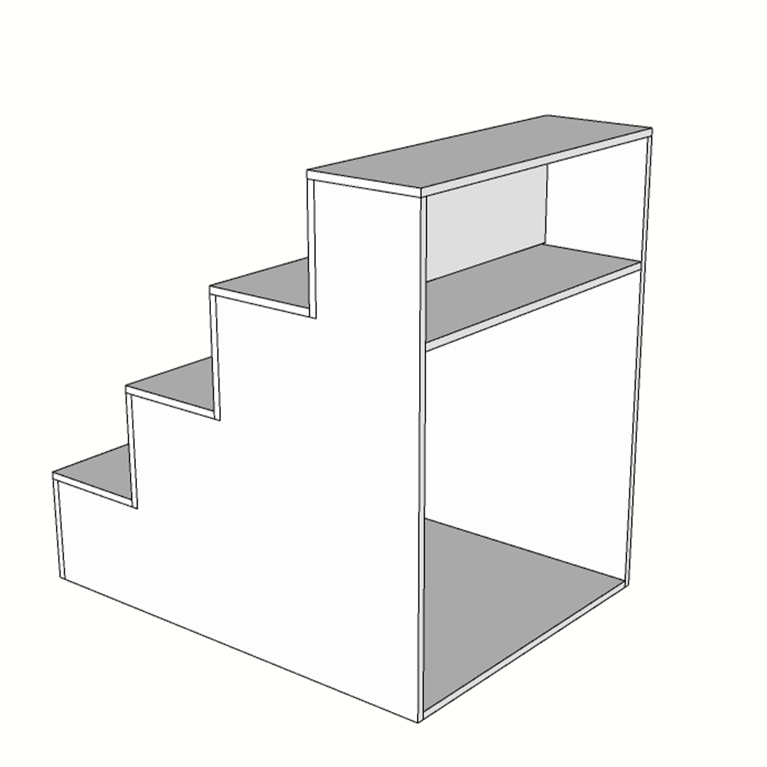 Escaparate escalonado de melamina con estante trasero, fabricado a medida. Ideal para tiendas y comercios que buscan exponer productos en varios niveles y aprovechar espacio de almacenamiento adicional. Diseño funcional y versátil.