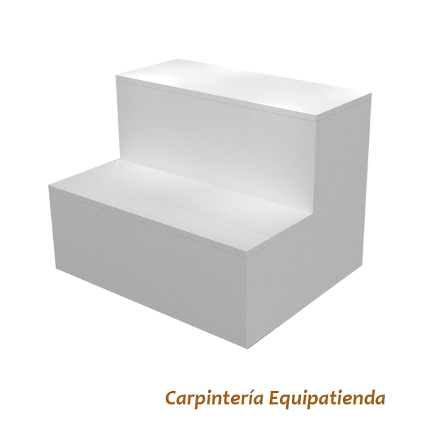 Escaparate escalonado fabricado a medida en melamina, ideal para tiendas y comercios. Diseño en niveles que permite una exposición ordenada y llamativa de productos, destacando artículos promocionales o de temporada.