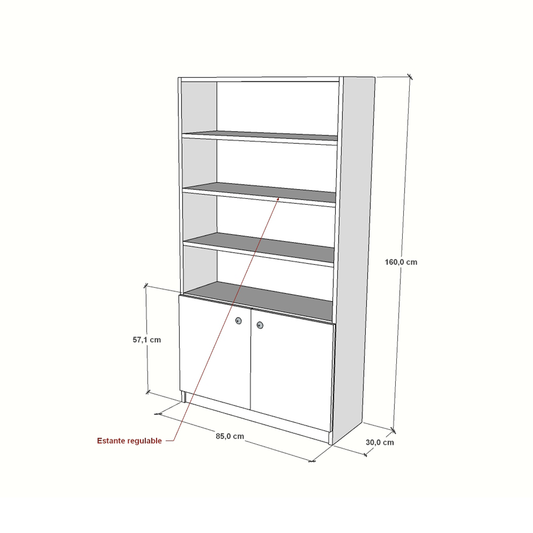 Estantería con puertas y estantes regulables, fabricados en melamina blanca, ideal para comercios, oficinas y tiendas.
