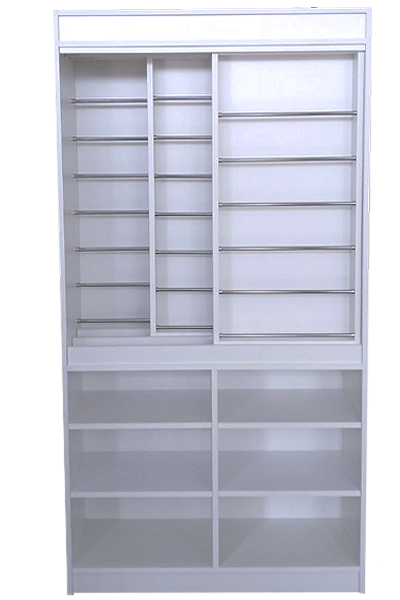Mueble expositor para merceria de 100x40x190cm, con paneles deslizantes para hilos, cintas y puntillas. Fabricación a medida.