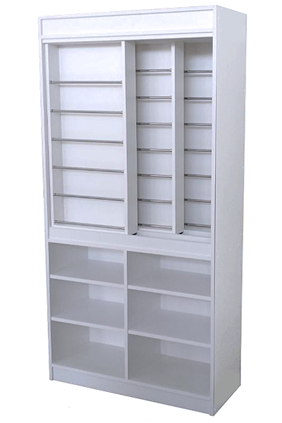 Mueble expositor para mercería con paneles deslizantes para hilos, cintas y puntillas. Ideal para tiendas de mercería