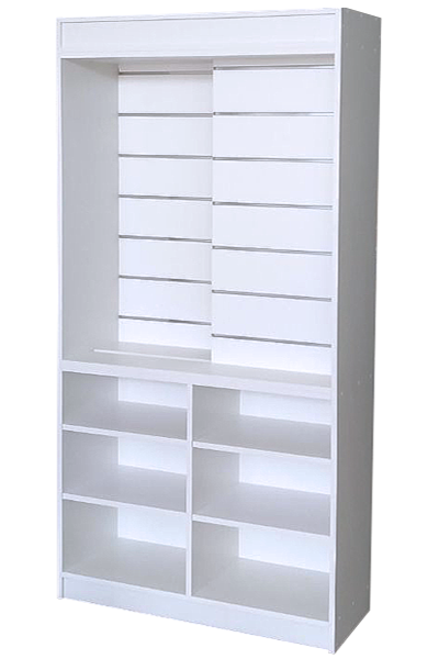Mueble expositor para mercería con paneles de lamas deslizantes y estantes inferiores.