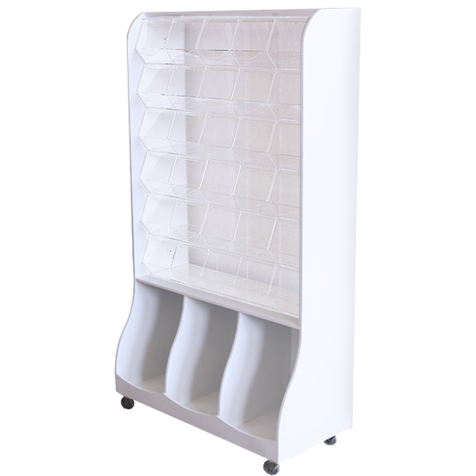 Vitrina expositora para golosinas con compartimentos de metacrilato y base de almacenamiento.