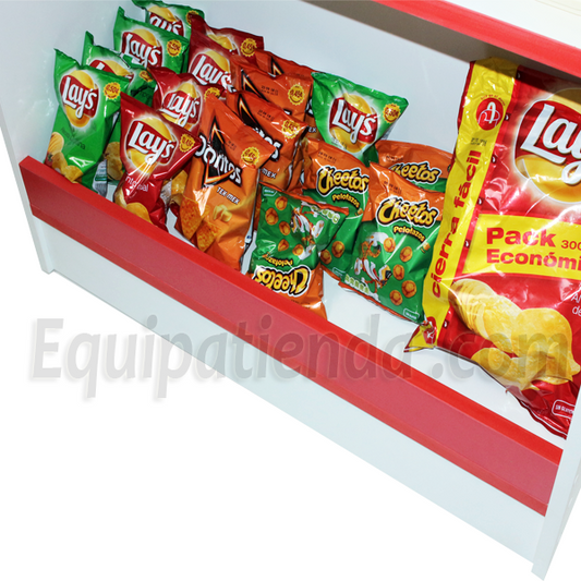 Mueble expositor blanco con 30 carameleras para golosinas y compartimiento inferior para snacks.