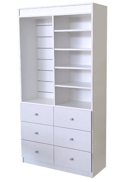 Mueble para mercería con estantes, panel de lamas  y cajonera inferior. Diseño a medida, práctico y funcional para organizar y exhibir productos en tiendas de costura y manualidades.