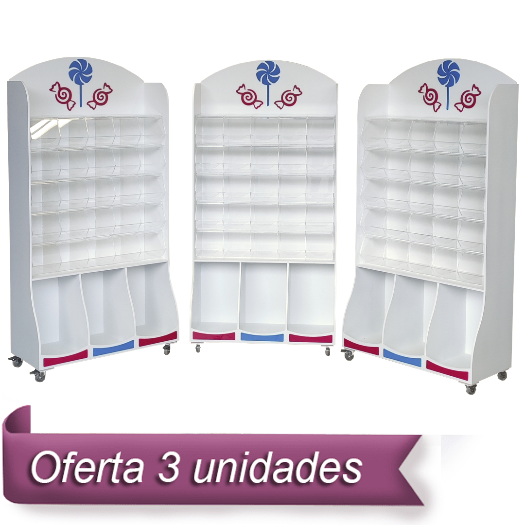 Pack de 3 muebles expositores para golosinas con carameleras y ruedas, ideales para tiendas y eventos.