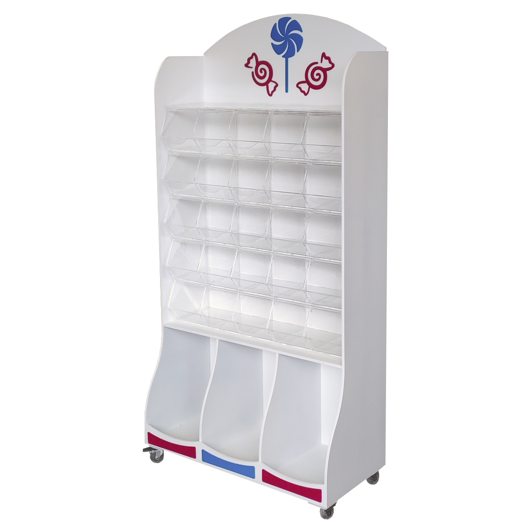 Mueble expositor para golosinas con 25 carameleras de metacrilato y ruedas, ideal para tiendas y eventos.