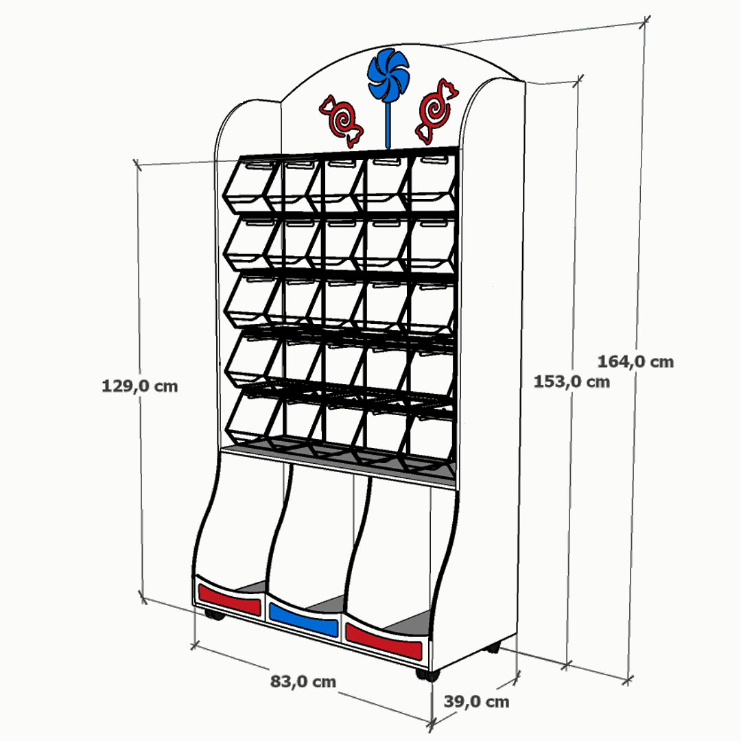 Mueble expositor para golosinas con carameleras de metacrilato y ruedas, ideal para tiendas y eventos.