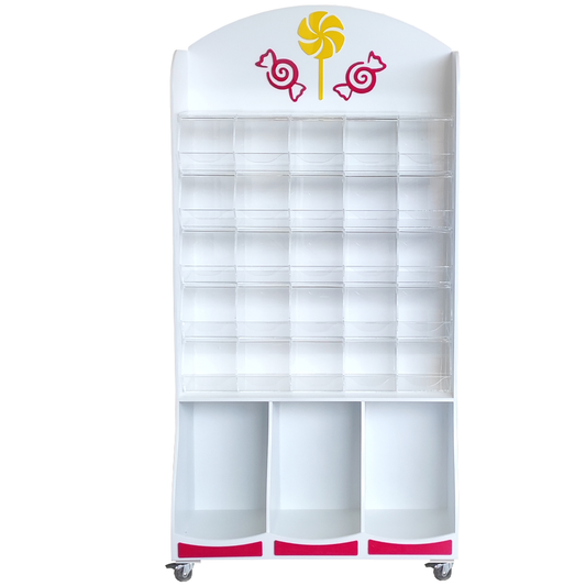 Mueble expositor para golosinas con carameleras de metacrilato y ruedas, ideal para tiendas y eventos.