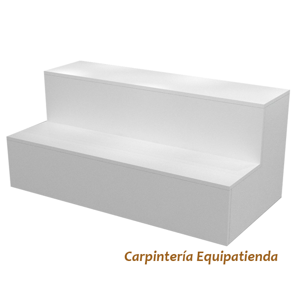 Escaparate escalonado fabricado a medida en melamina, ideal para tiendas y comercios. Diseño en niveles que permite una exposición ordenada y llamativa de productos, destacando artículos promocionales o de temporada.