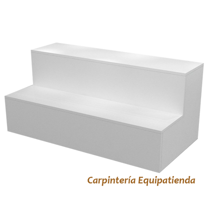 Mueble escaparate escalonado de 150x60x60cm, 2 escalones, fabricado a medida en melamina, con puertas traseras de almacenaje.