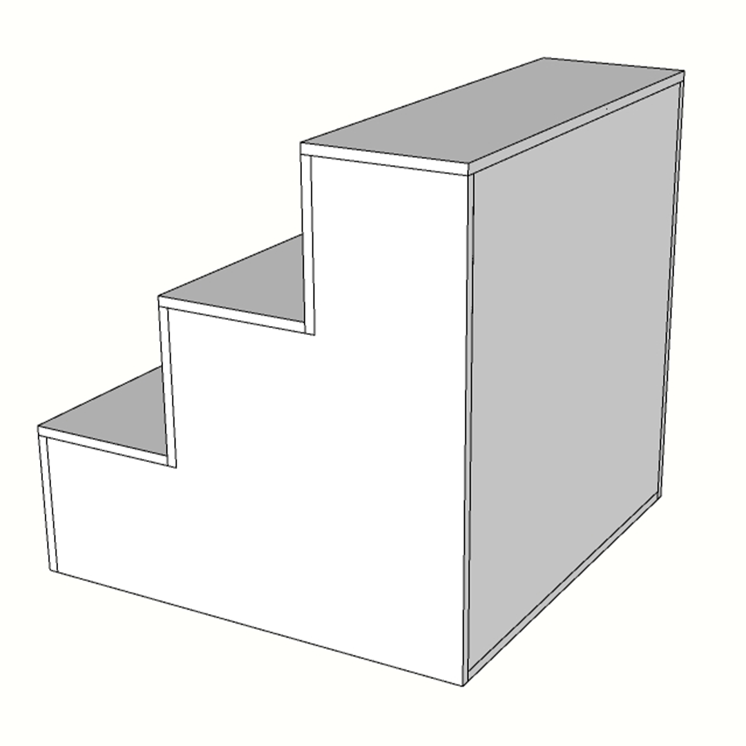 Escaparate escalonado de melamina con estante trasero, fabricado a medida. Ideal para tiendas y comercios que buscan exponer productos en varios niveles y aprovechar espacio de almacenamiento adicional. Diseño funcional y versátil.