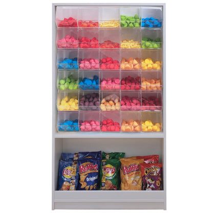 Mueble con carameleras de 85x30x160cm, fabricado a medida en melamina, con carameleras de metacrilato integradas. Ideal para tiendas de golosinas.