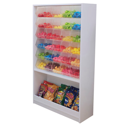 Mueble con carameleras de 85x30x160cm, fabricado a medida en melamina, con carameleras de metacrilato integradas. Ideal para tiendas de golosinas.