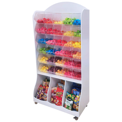 Mueble para golosinas de 83x40x156cm (Ref. 576), con carameleras de metacrilato, almacenaje inferior y ruedas. Fabricado a medida en melamina. Incluido en el Pack Emprende Nº 3.