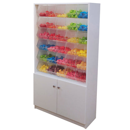 Mueble con carameleras de 85x30x160cm, fabricado a medida en melamina, con carameleras de metacrilato integradas. Ideal para tiendas de golosinas.