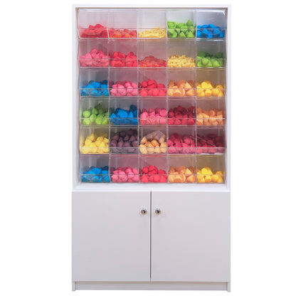Mueble con carameleras de 85x30x160cm, fabricado a medida en melamina, con carameleras de metacrilato integradas. Ideal para tiendas de golosinas.