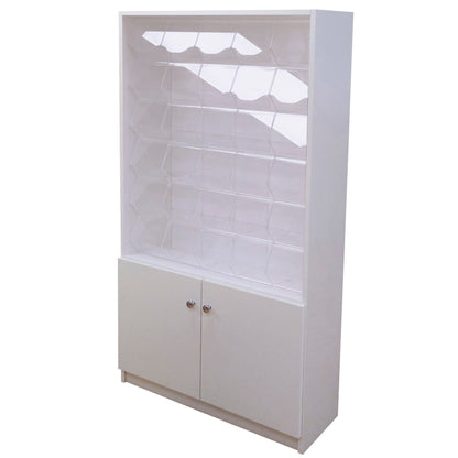 Mueble con carameleras de 85x30x160cm, fabricado a medida en melamina, con carameleras de metacrilato integradas. Ideal para tiendas de golosinas.