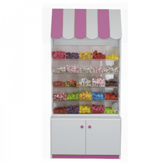 Mueble expositor para golosinas con  carameleras de metacrilato y armario inferior, ideal para tiendas y negocios.