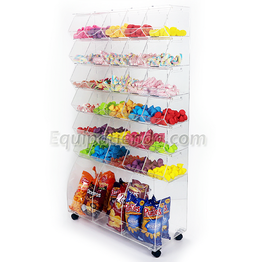 Mueble expositor de caramelos con 30 carameleras de metacrilato transparente y compartimentos inferiores para snacks, ideal para tiendas de golosinas.