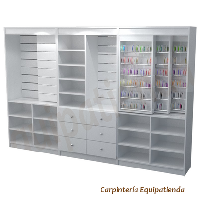 Mueble expositor para merceria de 100x40x190cm, con paneles deslizantes para hilos, cintas y puntillas. Fabricación a medida.