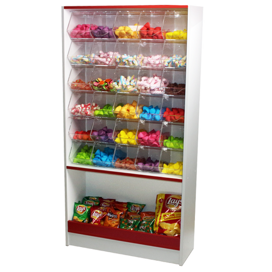 Mueble expositor de golosinas con 30 carameleras de metacrilato transparente y compartimiento inferior para snacks.