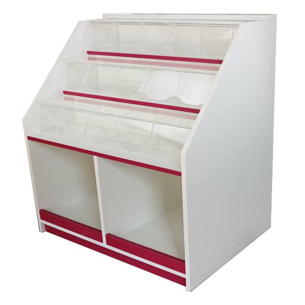 Mueble bajo con carameleras de metacrilato, ideal para la exhibición y almacenamiento de productos a granel en tiendas de golosinas y supermercados.