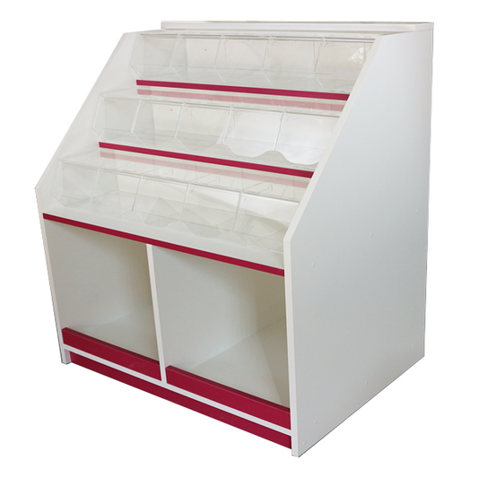 Mueble bajo con carameleras de metacrilato, ideal para la exhibición y almacenamiento de productos a granel en tiendas de golosinas y supermercados.