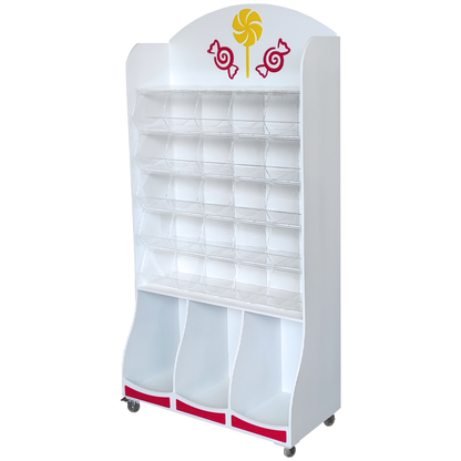 Mueble para golosinas de 83x39x164cm, con carameleras de metacrilato y almacenaje inferior. Fabricado a medida en melamina.