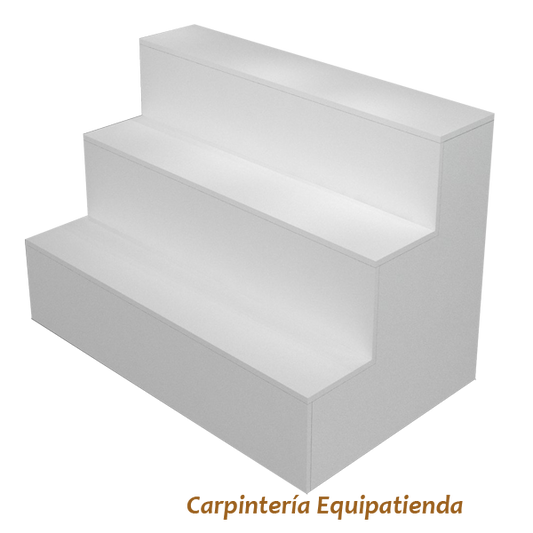 Escaparate escalonado fabricado a medida en melamina, ideal para tiendas y comercios. Diseño en niveles que permite una exposición ordenada y llamativa de productos, destacando artículos promocionales o de temporada.
