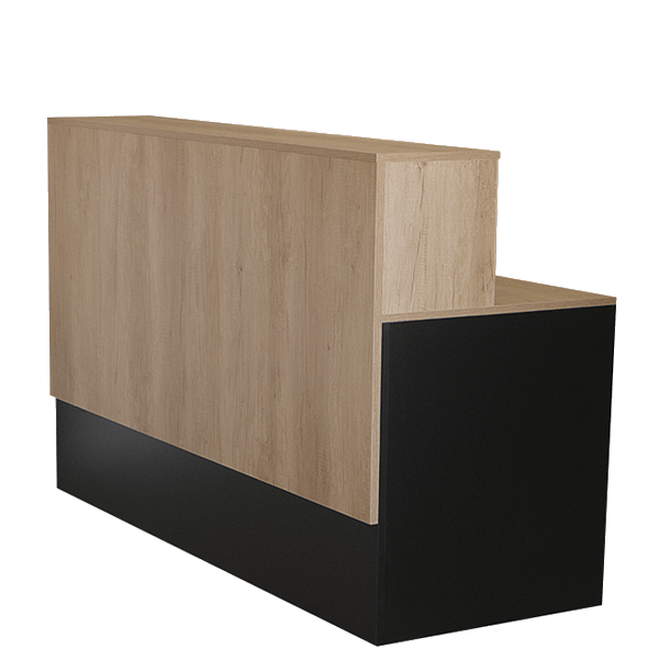 Mostrador de recepción en melamina de alta calidad, con diseño elegante y funcional, ideal para oficinas y comercios.
