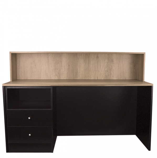 Mostrador de recepción en melamina de alta calidad, con diseño elegante y funcional, ideal para oficinas y comercios.