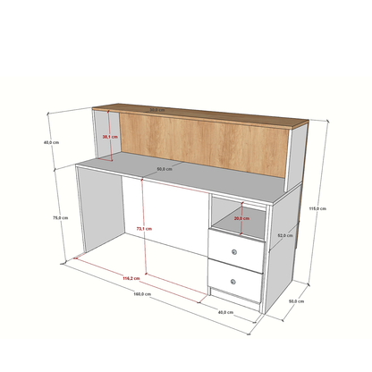 Mostrador de recepción de 160x52x75/115cm, en melamina, con cajón y estantes regulables. Fabricado a medida.