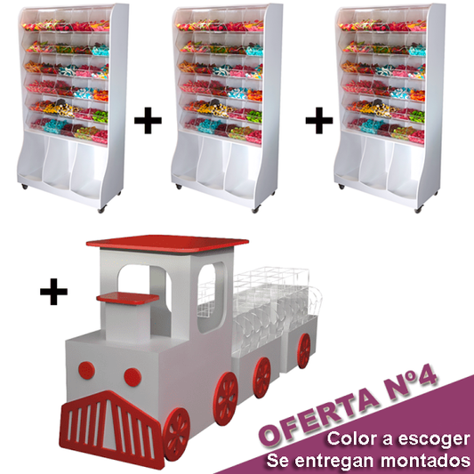 Mobiliario con metacrilato fabricado a medida para tiendas de chuches, con estructura de melamina y compartimentos inferiores para snacks mas isla central expositora. Solución práctica e higiénica para la exposición organizada de golosinas y productos de impulso.