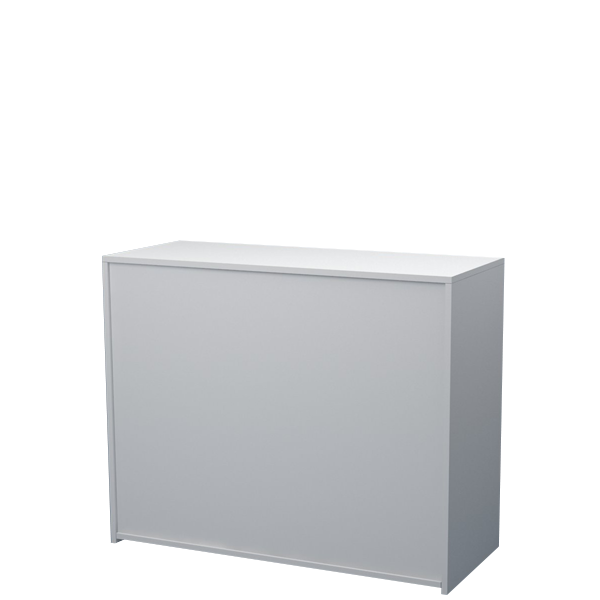 Mostrador blanco de 120 cm con estantes regulables y cajón con cerradura, ideal para comercios y oficinas.