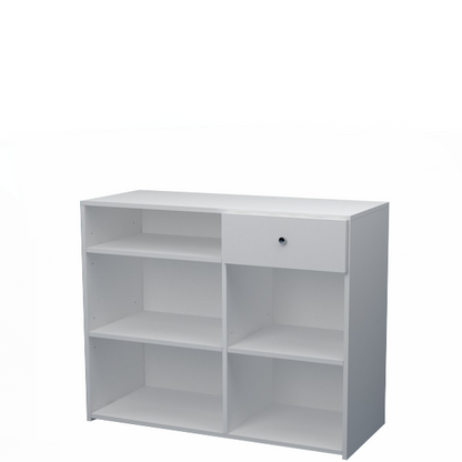 Mostrador de melamina de 120x50x90cm con estantes regulables y cajón, ideal para comercios y oficinas. Fabricación a medida.